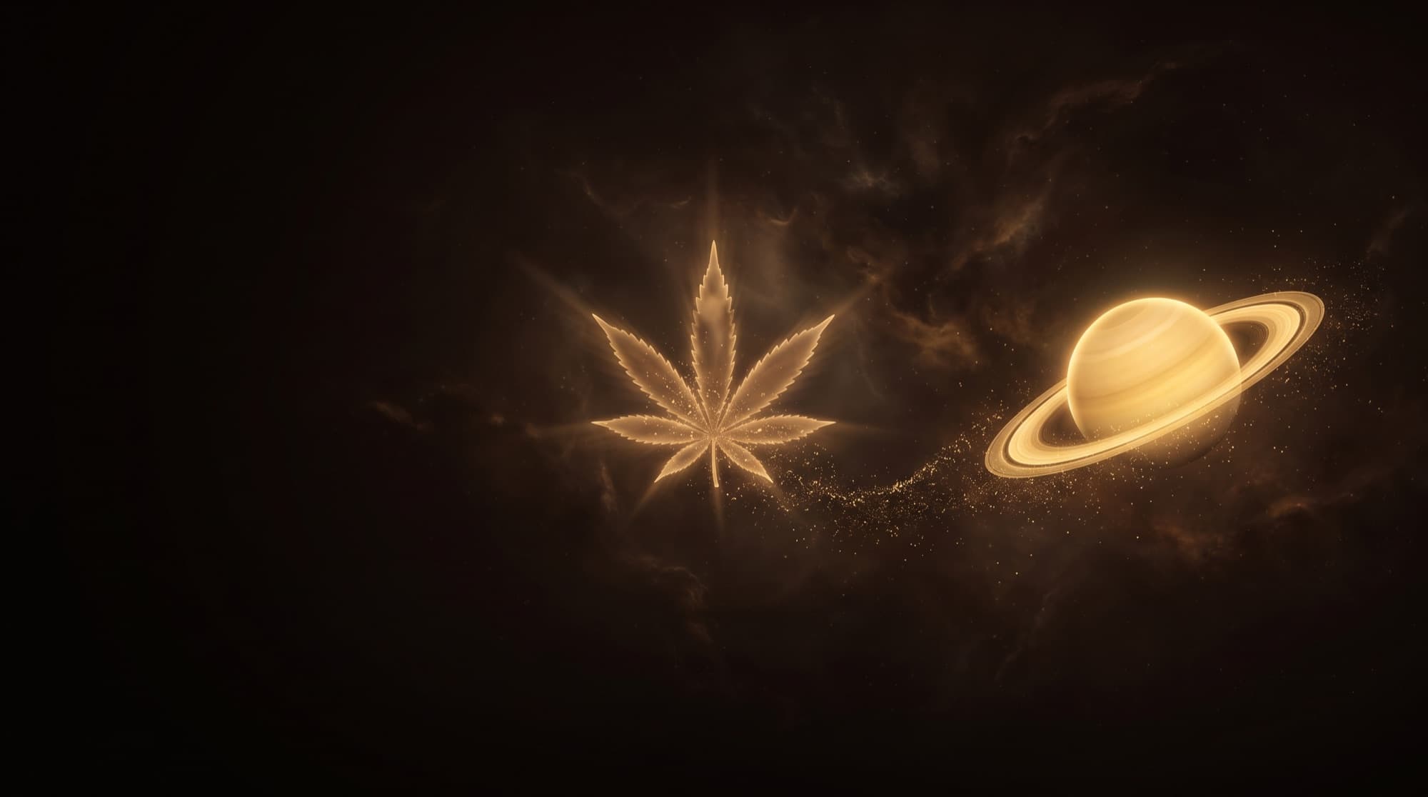 A glowing golden cannabis leaf and ringed planet drifting in cosmic space