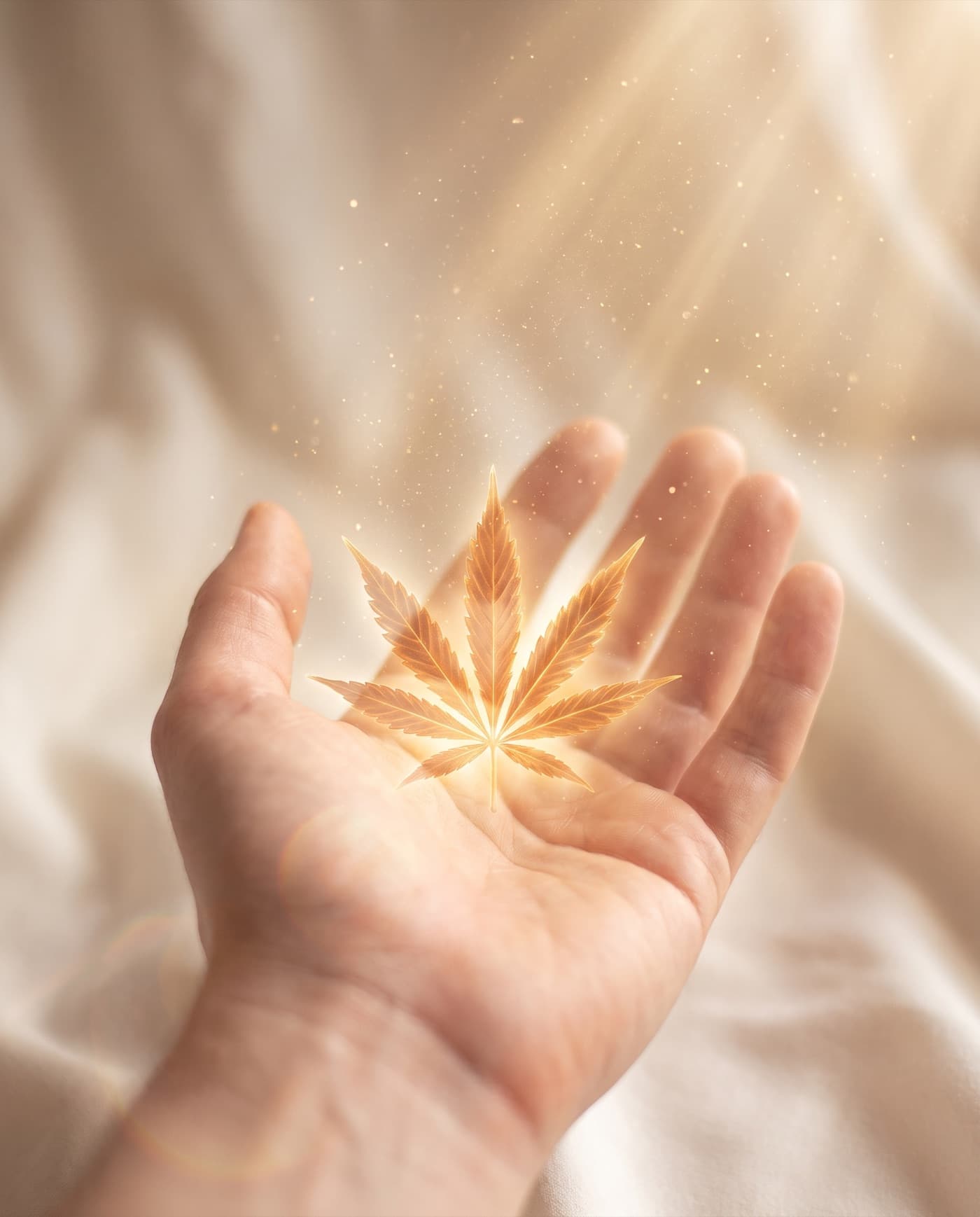 An open hand cradling a glowing golden cannabis leaf amid drifting stardust