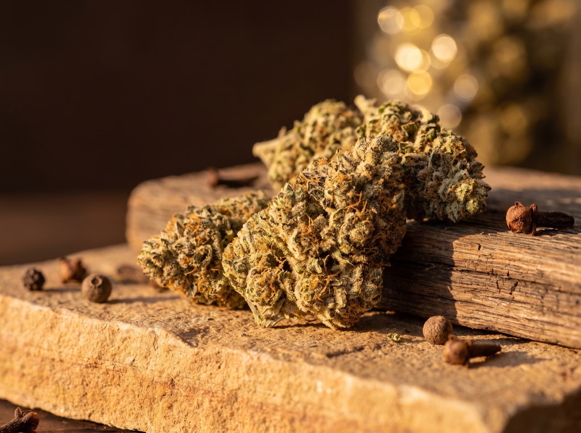 Macro of premium small-batch cured cannabis flower in warm golden light