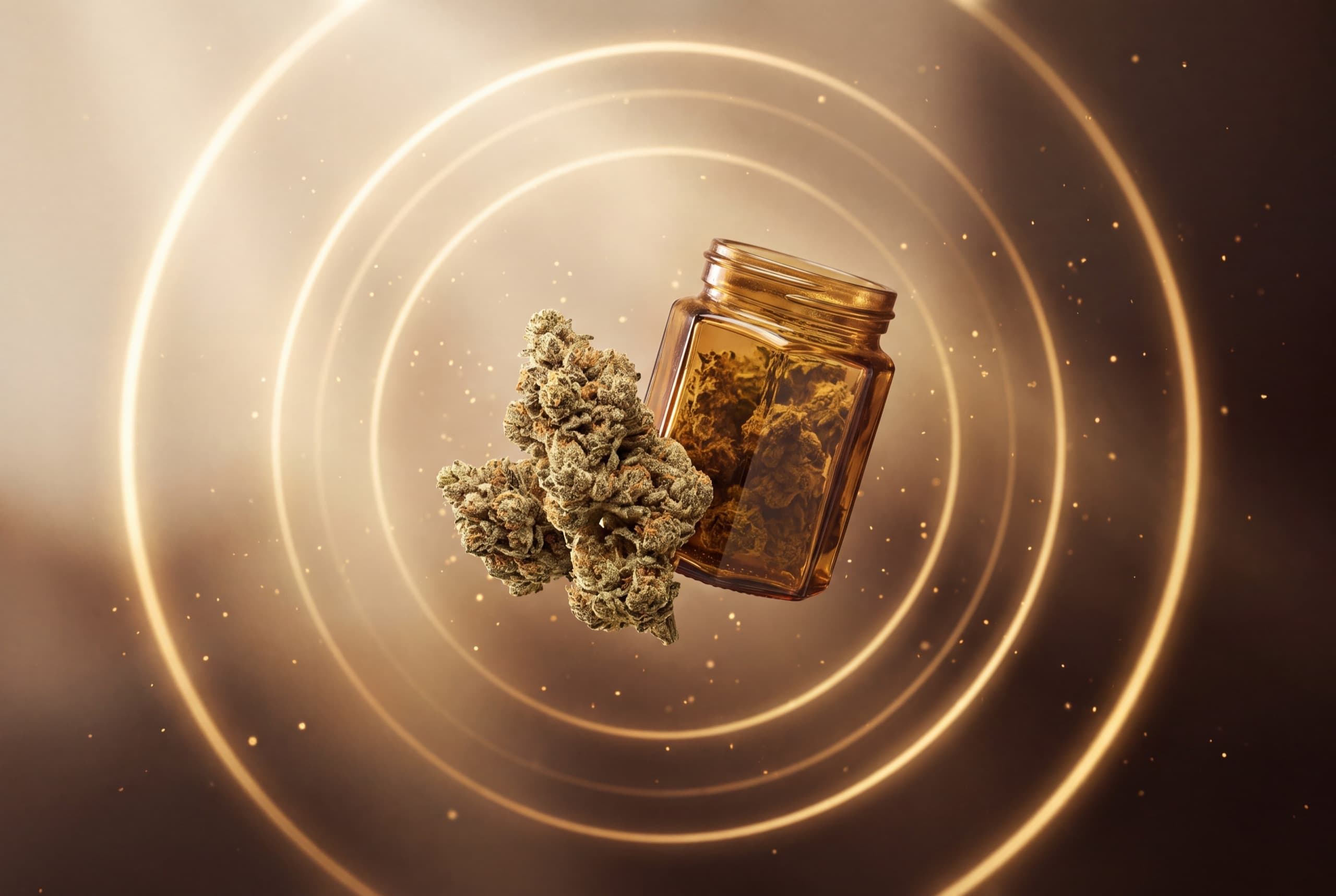 Cannabis flower and tinctures floating in golden stardust