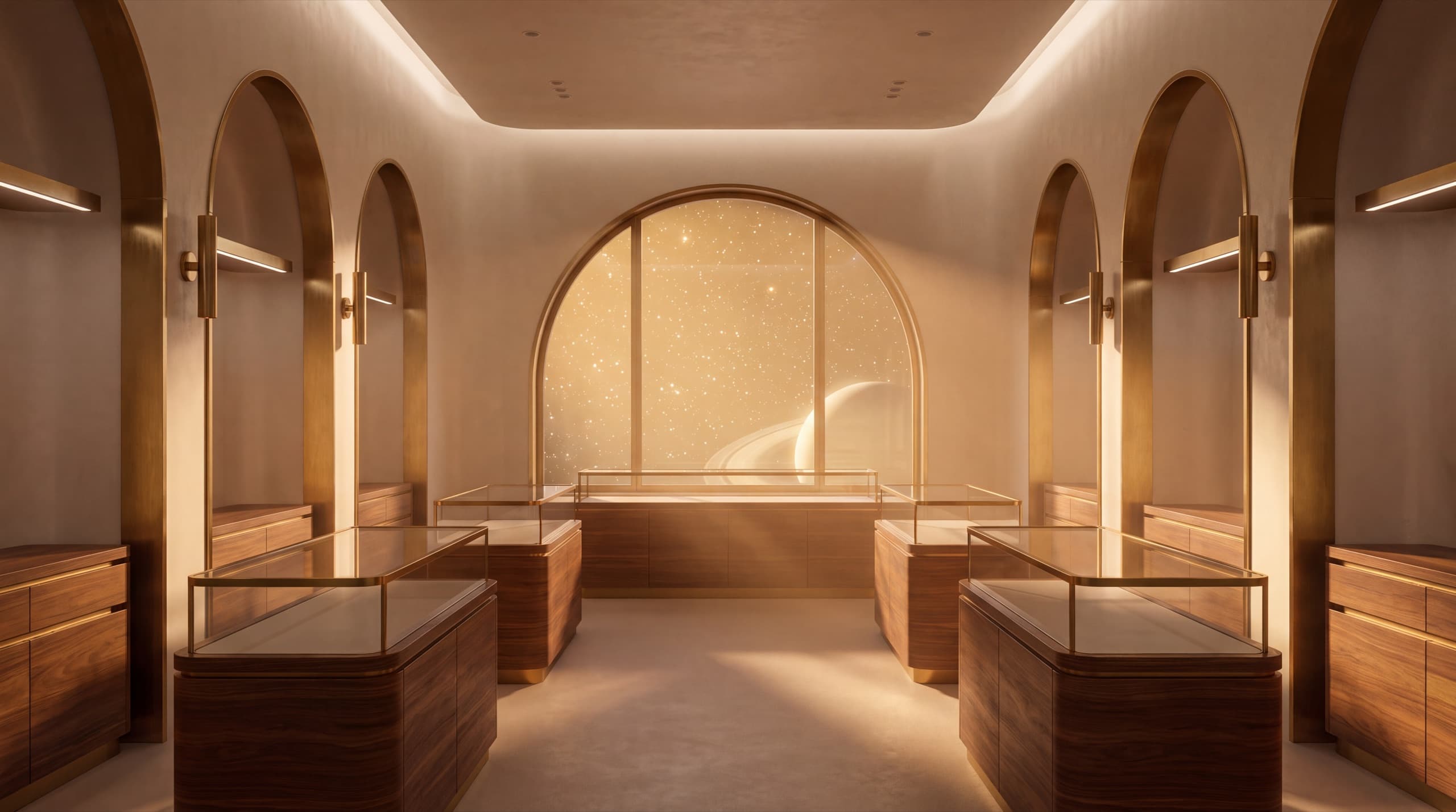 Inside the Canna Planet Newburgh showroom, warm brass and cream under a golden evening light
