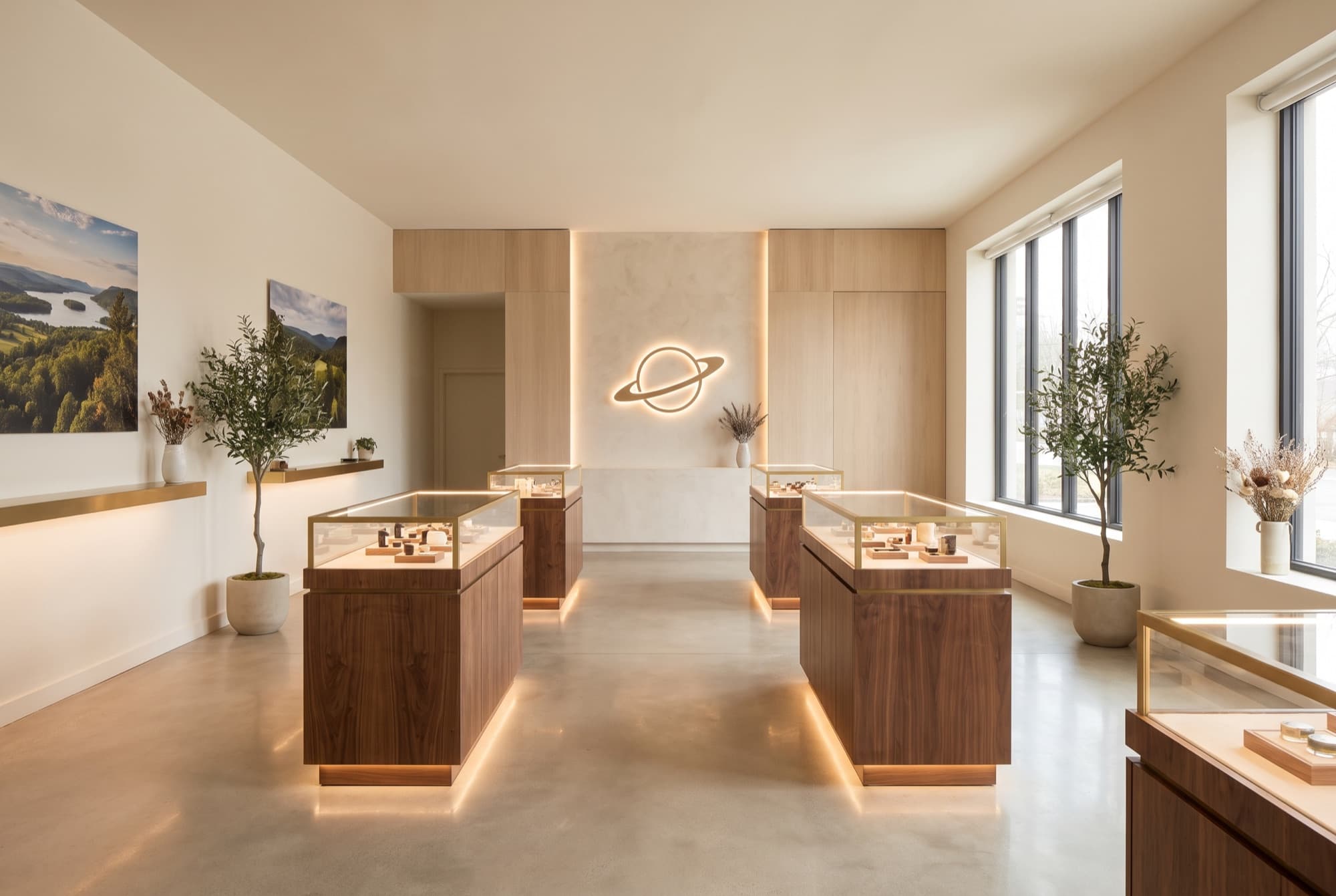 The warm, brass-appointed interior of the Canna Planet Newburgh showroom